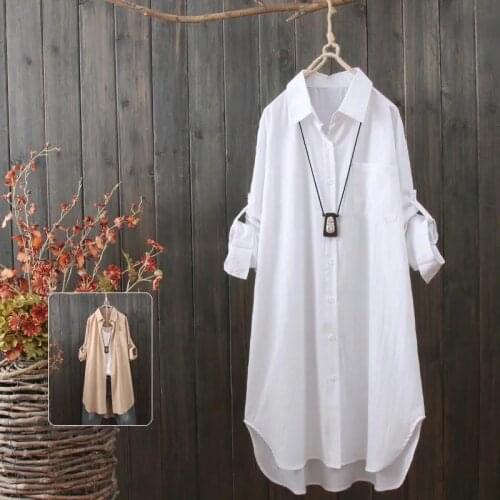 Cotton 100% White Women Shirts Summer Vintage 2021 Turn-Down Collar Long-Sleeved Loose Casual Female Outwear Coats Tops