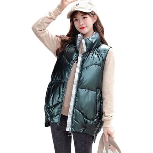 Down Cotton Vest Women Jacket 2020 Autumn Winter Coat Stand collar Shiny Sleeveless Waistcoat Female Parka Cotton Vest Outerwear