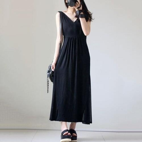 2020 New Spring Summer V-Neck Sleeveless vest Solid Black Gray Modal Loose Big Size Pleated dress Women Fashion Tide LU1160