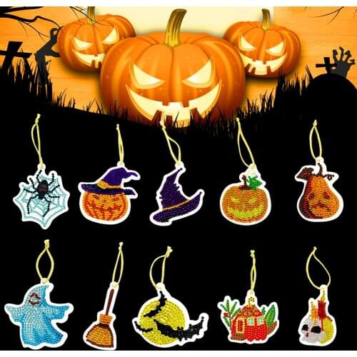 10pcs DIY Diamond Painting Halloween Pendant Full Drill Special Shaped Rhinestone Diamond Pumpkin Spider Ghost Mosaic Ornament