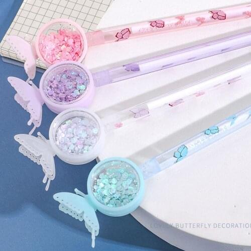 2Pcs 0.38mm Flash Cartoon Butterfly Gel Pen Students Black Gel-Ink Sequined Signature Pen Kawaii Girlish Magical Writing Tool