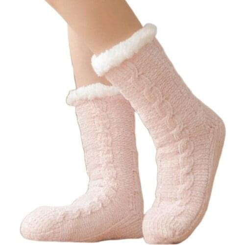 2020 Womens Winter Warm Fuzzy Plush Lined Chenille Knit Slipper Socks with Grippers