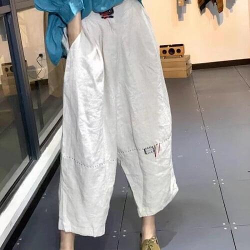 Women Loose Elastic Waist Linen Harem Pants Ladies Loose Flax Harem Trousers Female Spring Summer Embroidered Pants
