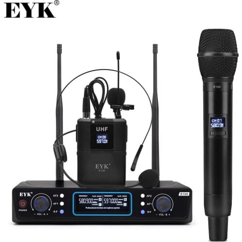 EYK E100 Dual Way Transmitter UHF Wireless Microphone with Handheld + Bodypack + Lapel + Headset Mic for Karaoke Church Youtube