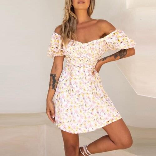 Short Sleeve Womens Mini Dresses A-line Floral Print Summer Dress Beach Boho Mini Dress Ruched Lace Up Vestidos De Mujer
