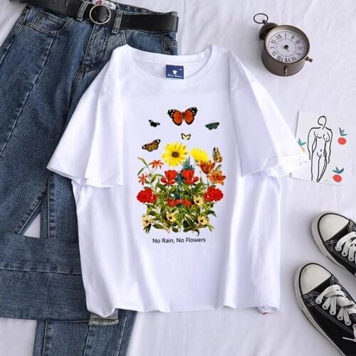 Women cotton t-shirts youth clothing women shirts No Rain, No Flowers Tee Harajuku T Shirt 2020 Summer Oversized Femme Clothing
