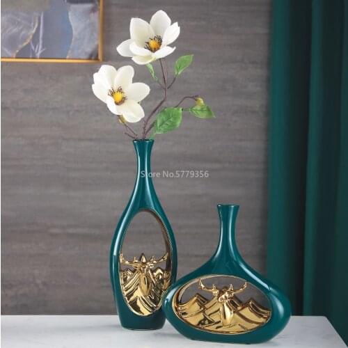 Ceramic Vase Deer Head Hollow Out Golden Flower Vase Flower Arrangement Accessories Crafts Furnishings Modern Home Decoration