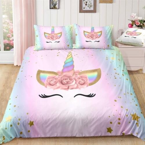 Fanaijia 3d unicorn duvet cover set Cartoon flower unicorn bedding Set twin size kids Bedclothes bed comforter