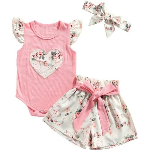 Ma&Baby 0-24M Summer Flower Newborn Infant Baby Girls Clothes Set Heart Partten Vest Tops Bow Shorts Clothing Set Outfits DD43
