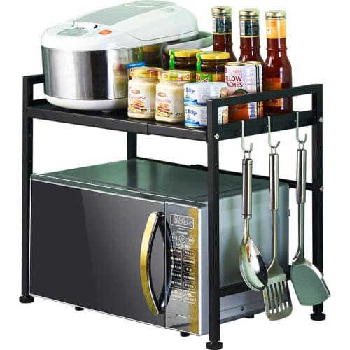Microwave oven racks retractable 2 layers double floor multi-layer punch-free kitchen storage rack black