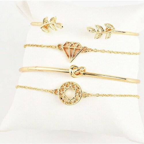 Fashion Jewelry Gold Color Adjustable Leaf Bangle Knot Simple Bracelet 4Pcs Open Women