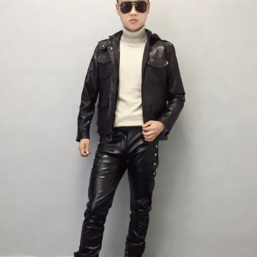 2020 Spring New Mens Hooded Jacket Men Long Sleeve Leather Jackets Korean Fashion Casual Skinny Motorcycle Coats M-5XL