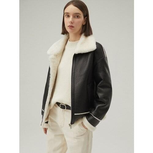 New Womens Shearling Jacket Black Leather Jacket Short Fur Coat Thicken Winter Jacket Wool Coat