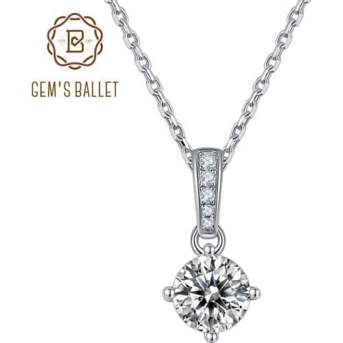 GEMS BALLET 925 Sterling Silver Diamond Necklace 1.0ct VVS1 Brilliant Moissanite Solitaire Pendant Necklace For Women Wedding