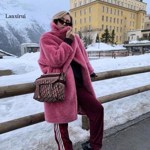Long Teddy Bear Jacket Coat Women Winter Thick Warm Oversized Chunky Outerwear Overcoat Women Faux Lambswool Fur Coats