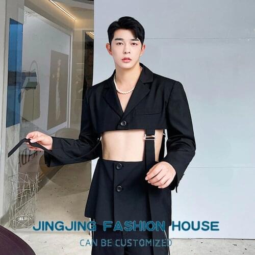 S-6XL!!2021 Spring and summer fashion personality sling splicing hollow suit man Korean edition nightclub tide male suit jacket