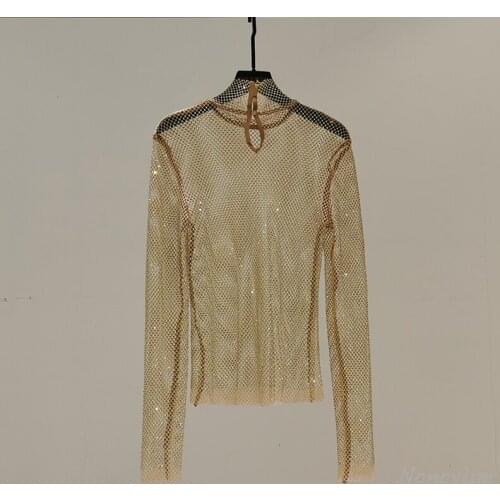 Full Rhinestone Sexy Hollow Out Mesh T Shirt Women New Fashion Slim Fit All-Match Bottoming Turtleneck Top Nancylim