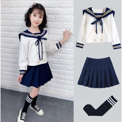 Girl Japanese Korean Student School Uniforms Kids JK Sailor Dress Kawaii Sweet Pleated Skirt Long Sleeve Suit Orthodox Navy Top