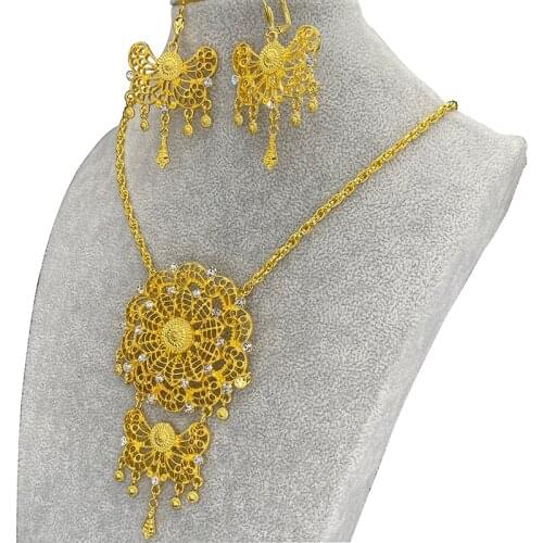 Dubai Jewelry Sets for Women Gold Color Habasha Earrings Ethiopia 24k Flower Necklace Fashion African Wedding Bride Gifts