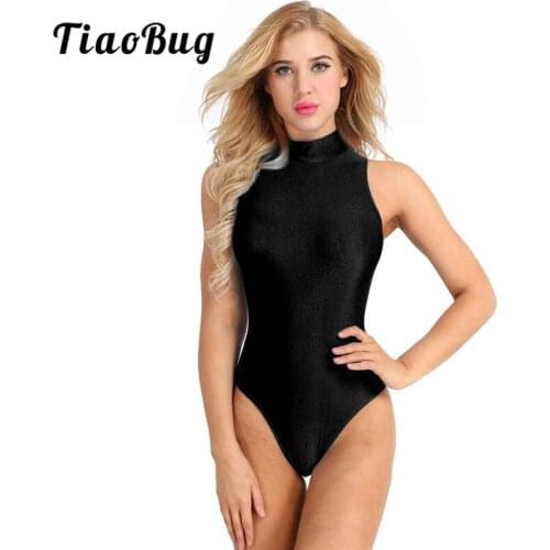 TiaoBug Women One-piece Solid Color Swimsuits Adult Sleeveless Round Neck Sports Dance Leotard Bodysuit Bathing Suits Swimwear