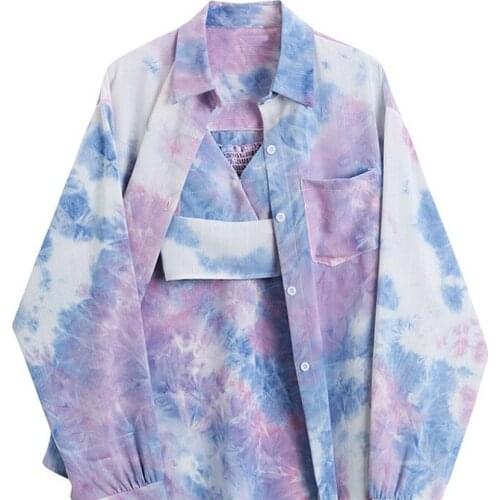 Womens Spring and Summer Fashion Tie-dye Tops Retro Street Harajuku Long-sleeved Shirt and Shoulder Strap Two-piece Suit