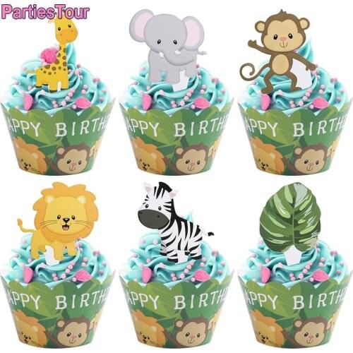 24X Jungle Safari Animal Cupcake Wrapper Wild Zoo Party Cupcake Topper Kids Party Cake Decor Baby Shower Animal Brithday Toppers