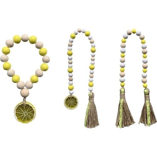 3 Pcs Lemon Wood Bead Garland,Farmhouse Rustic Bead With Tassel,Lemonade Slice Summer Decor For Coffee Table,Tiered Tray