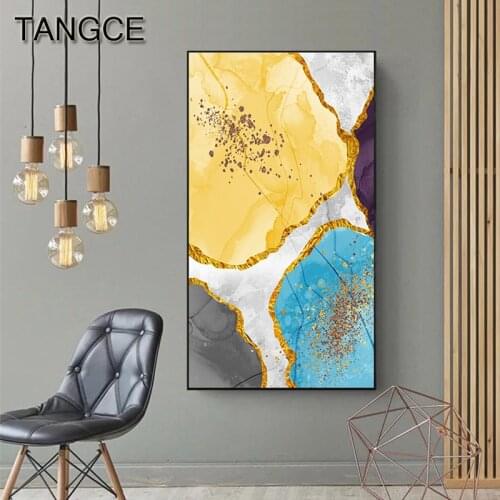 Abstract Golden Blue Painting Tableaux Big Yellow Poster Print Gold Wall Art Pic for Living Room Aisle Cuadros Salon Decoracion
