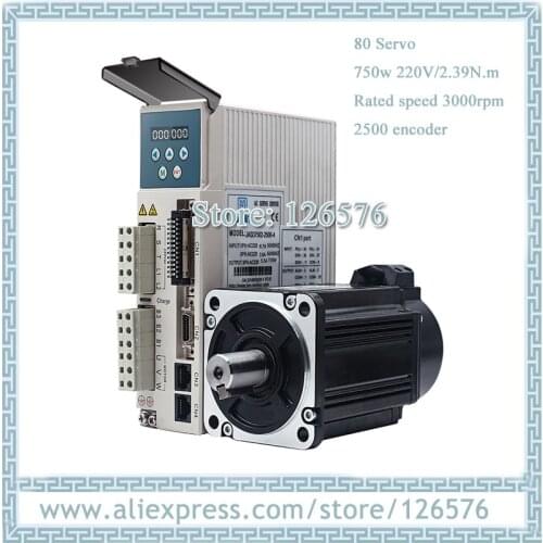 AC220V AC Servo Motor 80 flange 750w 2.39N.m 3000rpm Servo motor 2500 encoder and Driver with 3m Cable