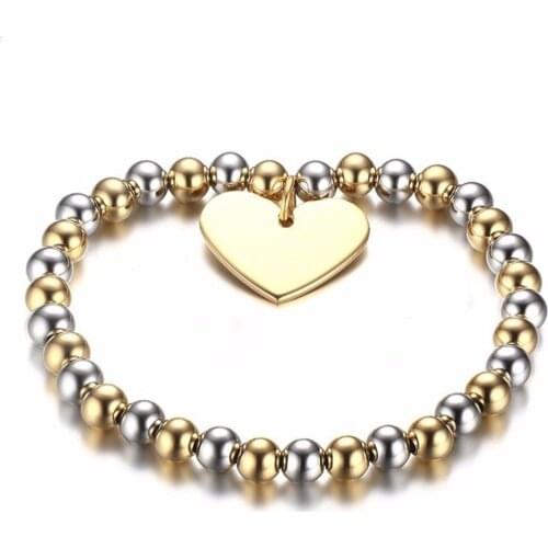 316L Stainless Steel Round Bead Bracelet for Women Silver Color Gold color Casual Bracelets with Heart Charm Women Jewelry Gifts