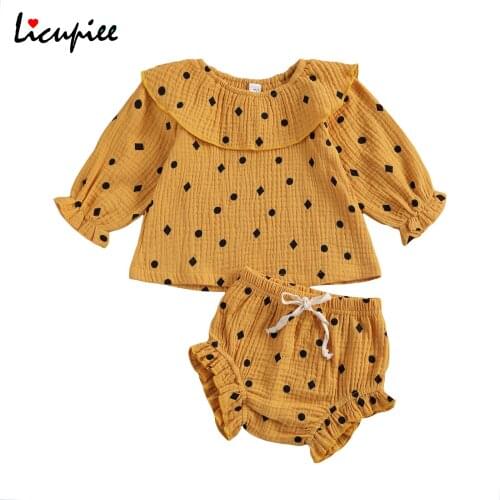 Baby Girls 2pcs Clothes Set, Ruffled Doll Collar Long Sleeve Tops Elastic Triangle Shorts for Spring Autumn 0-24 Months