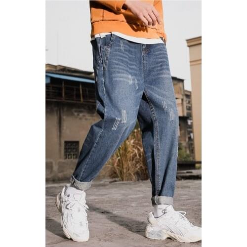 Obrix Male Casual Trendy Jeans Mid Waist Ankle Length Scratched Elements Sporty Cool Jeans For Men