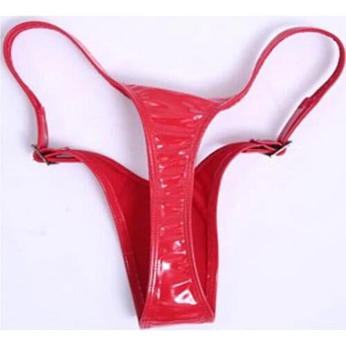 Adjustable Sexy Latex PVC Shiny Low-Rise G-string Bandage Narrow Crotch Mini Thong Erotic Lingerie Smooth Panties Underpants