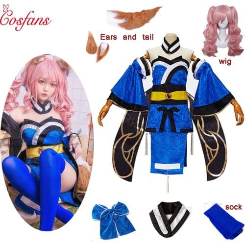 Fate EXTELLA CCC FGO Fate Grand Order Tamamo no Mae Blue Tube Tops Dress Kimono Yukata Uniform Anime Cosplay Costumes and wig