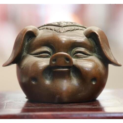 Chinese Folk Feng Shui Bronze Copper Happly Year Zodiac Pig Head Figurine Statue