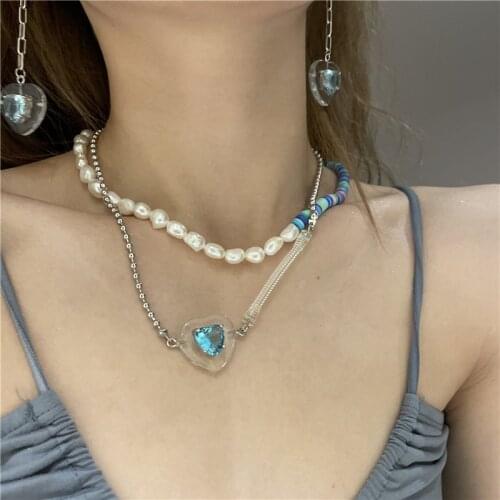 Korean Charms Imitation Pearls Clavicle Chain Necklaces for Women Metal Transparent Love Pendant Necklace 90s Choker Necklace