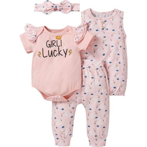 4 Pieces Kids Suit Set, Summer Flower Print O-Neck Short Sleeve Romper+ O-Neck Vest+ Pants+ Headband, 0-24 Months