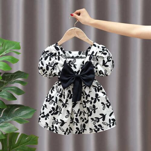 Sweet Girls Dress Summer Puff Sleeve Dresses for Girls Princess Vestidos 2021 New Kids Gilrs Leaves Dots Bowknot Children Dress