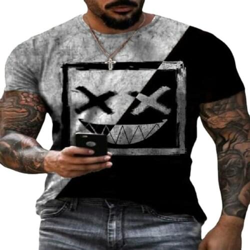 Mens loose O-neck T-shirt color stitching shirt hip-hop geometric smiley print summer new style Polyester material