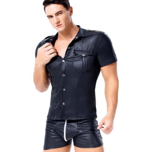 Men Patent Leather Punk Style Tight Plus Size Casual Short Sleeve With A Pocket Lapel Shirts Club Gay Role-Playing Costumes Tops