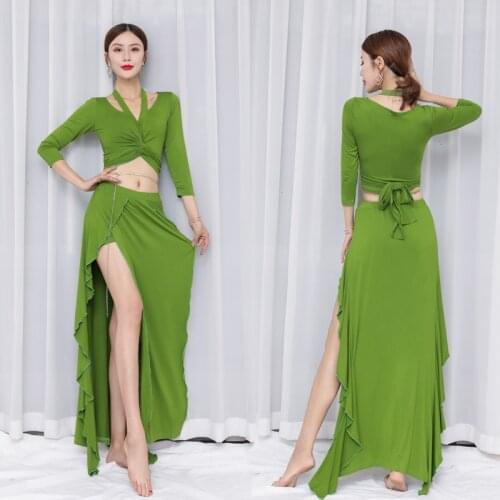 2020 new belly dance practice skirt suit sexy belly dancing long skirt set womens middle sleeve