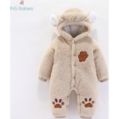NewBorn Baby Clothes Hoodie Polyester baby romper for boys brown winter Rompers 3m-12m footprint Rompers Kids Girls Costume 2020