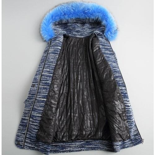 Fashion Tweed Coat Women Large Natural Raccoon Fur Collar Hooded Long Knitted Winter Female Jacket 2020 18047 WYQ1810