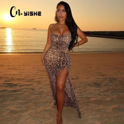 CNYISHE Leopard Print Lace Up Women Maxi Dress Summer Sexy Beachwear Party Dresses Female Backless Split Long Sundress Vestidos
