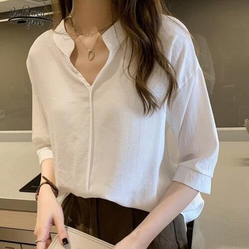 Casual V-neck Chiffon Blouses Solid Plus Size Loose Women Tops Blusas Mujer De Moda 2020 Elegant White V-neck Shirts 10240