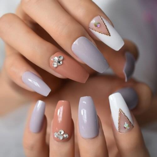 Pre-designs 2021 Aug. New Press On Nail Tips Rhinestone Nail Full Cover Medium Coffin Mixed Fake Diamond Manicure Detachable Set