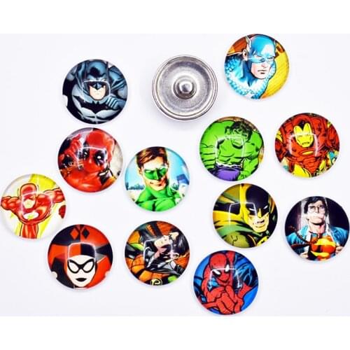 50PCS Mixed Ginger Snap Button Jewelry Hero Cartoon For DIY 18MM Glass Button Snap Bracelet Necklace Jewelry