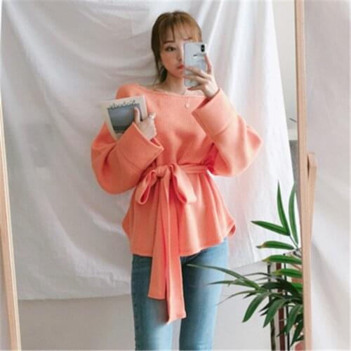 Sweater Casual Women 2020 Korean Style Sweet Orange O-neck Solid Color Knitted Sweaters Long Sleeve Bandage Pullovers Tops