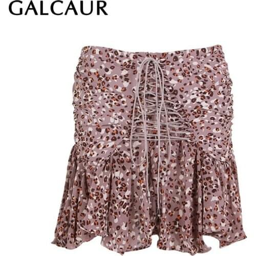 GALCAUR Print Leopard Skirt For Women High Waist Cross Bandage Lace Up Bowknot Hit Color Sexy Mini Skirts Female 2021 Clothing