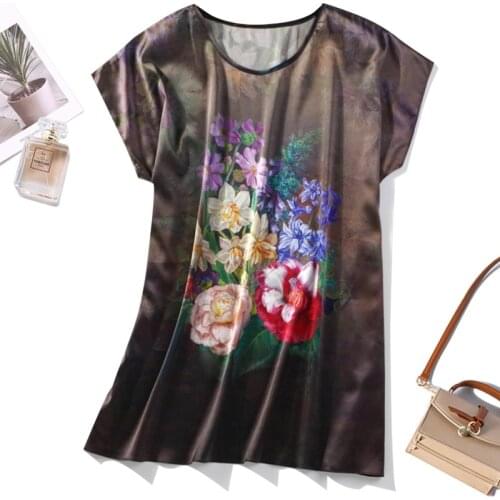 Womens 19 momme 96% Mulberry Silk 4% Spandex Loose Type coffee floral short sleeve Shirt Top Blouse JN829